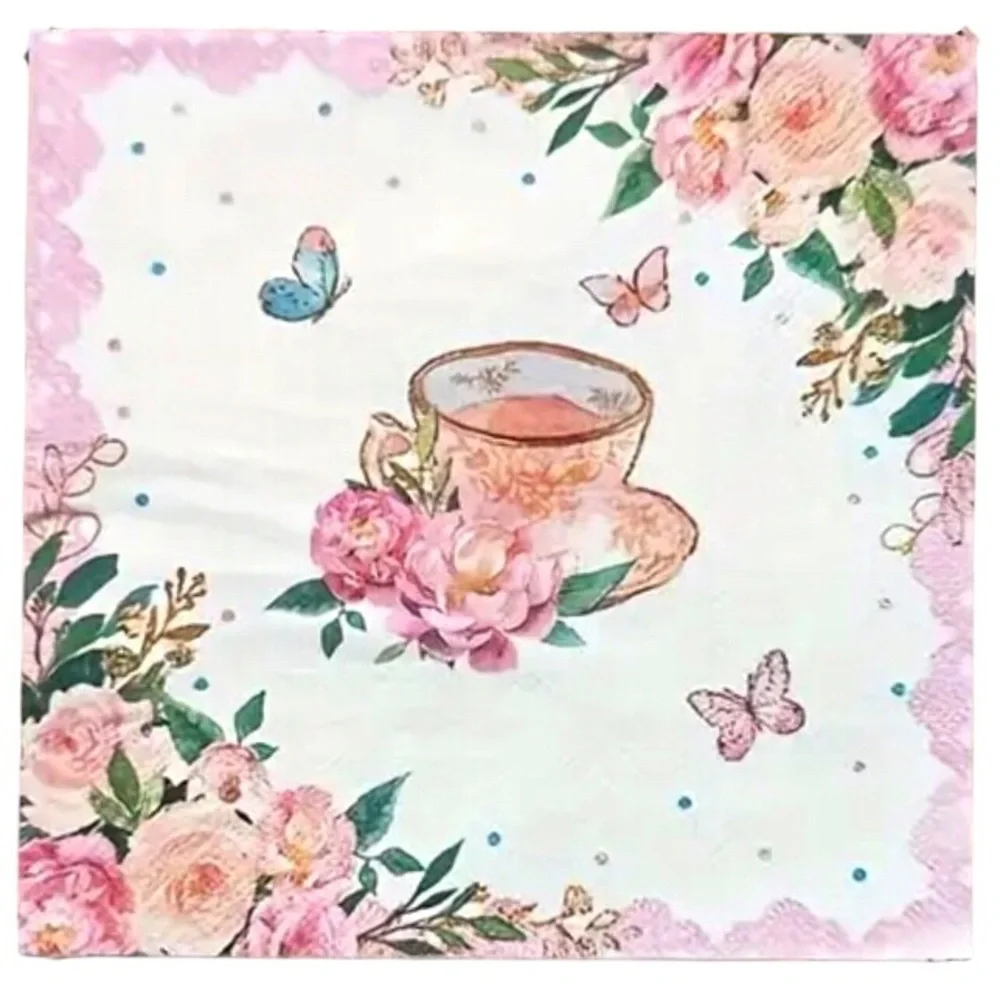 Set of Two (2) INDIVIDUAL Floral Tea Cup Decoupage Paper Luncheon Size Napkins